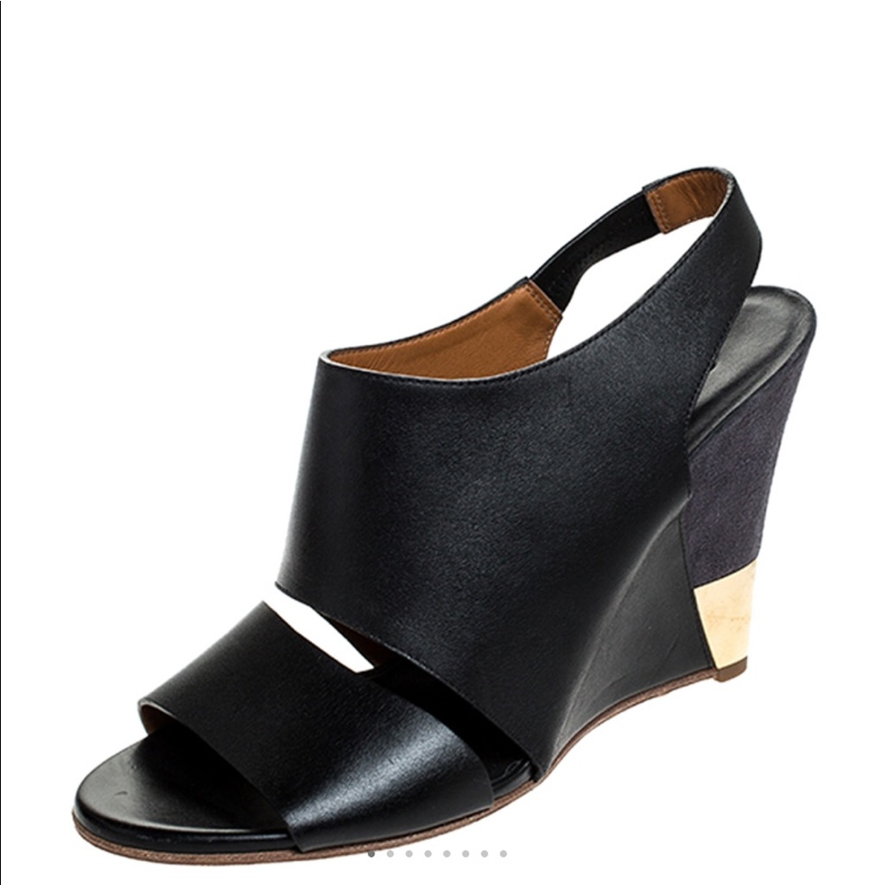 Chloe Black Leather Eliza Wedge Slingback Sandals